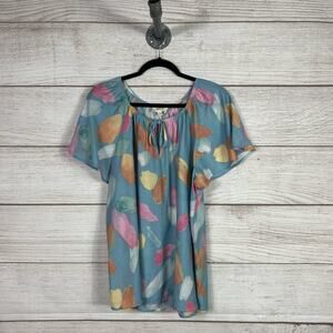 Perch Plus Size Blue Spring Summer Colorful Pastel Flutter Sleeve Blouse Size 1X